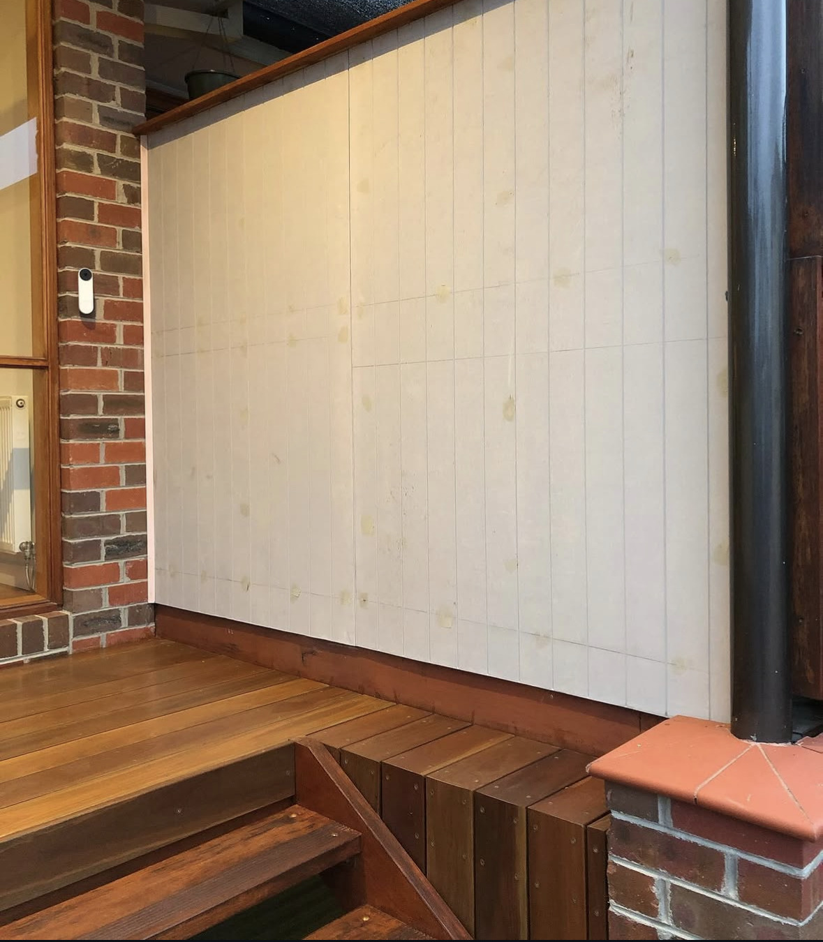 Spotted gum deck steps beside VJ panelling at Box Hill